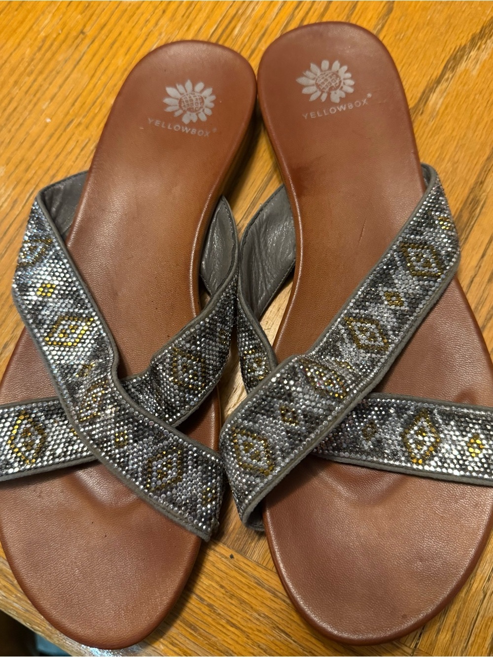 Yellow Box Women's Gray Beaded Crisscross Sandals with Gold Accents